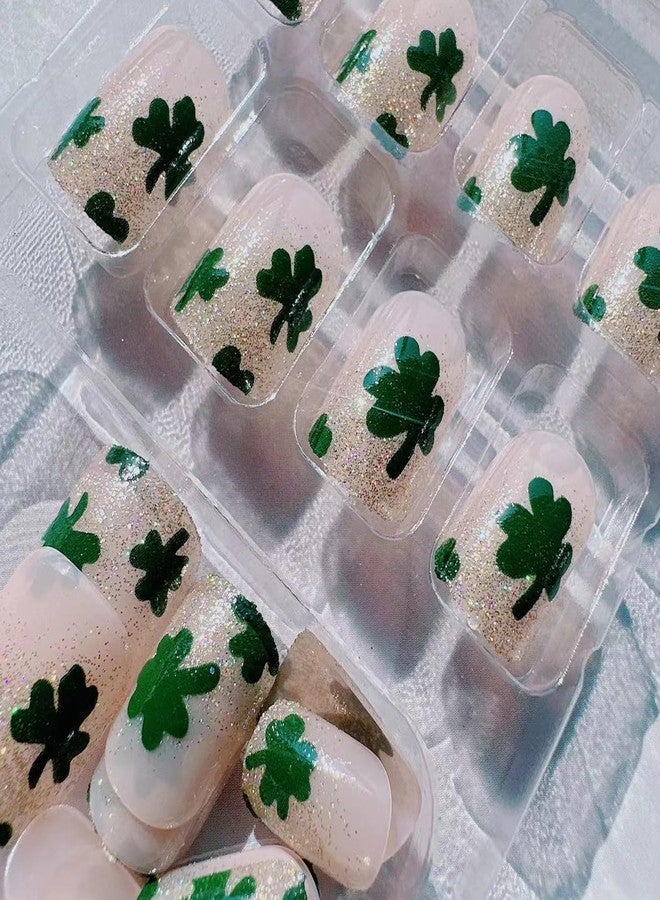 BSBTBZ Glitter St. Patrick's Day Nails Short Short Square Fake Nails With Four-Leaf Clover Designs French Glossy Sparkly Cute Shamrock Press ons Glue on Nails False Nails Artificial Nails Stick on for Women - Image 4